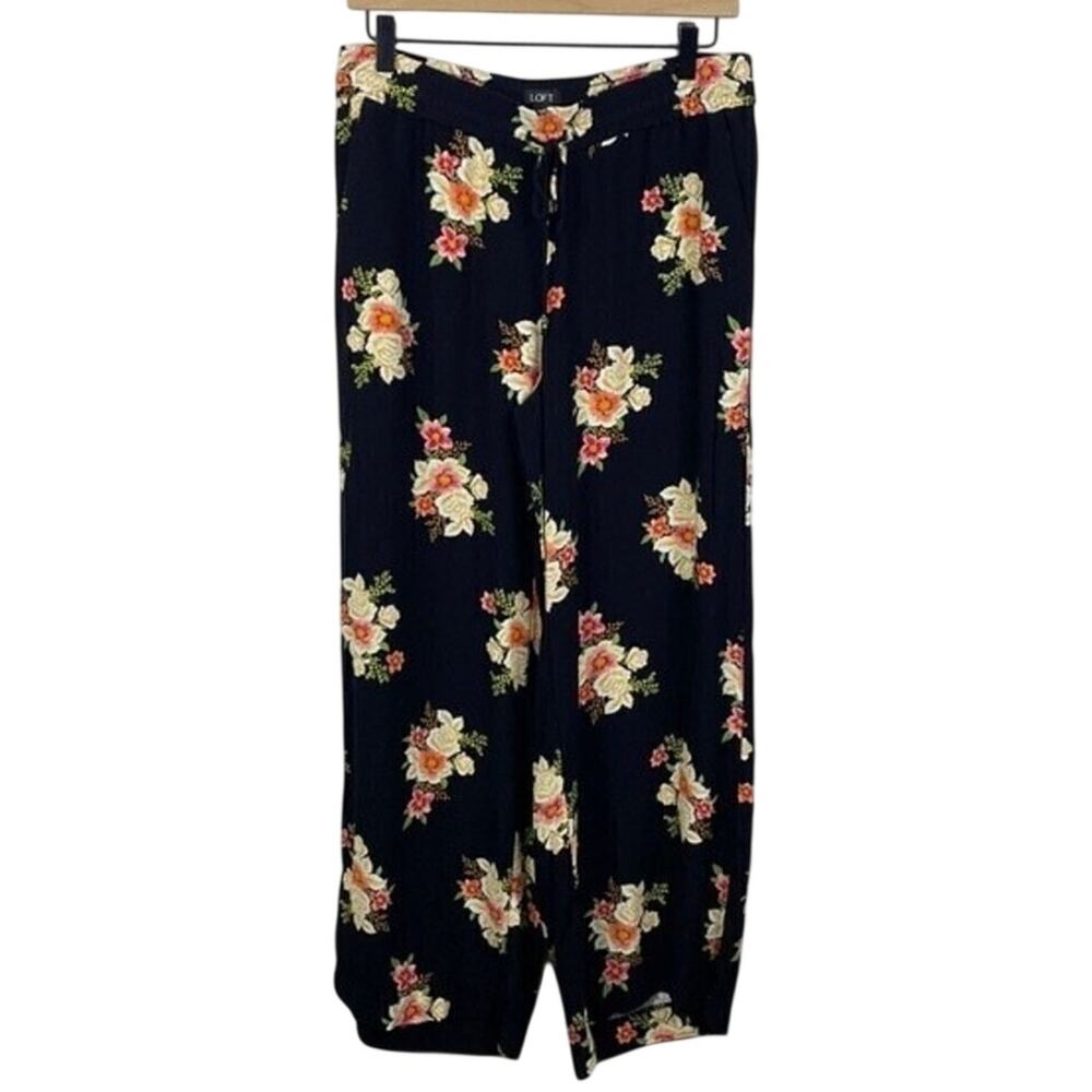 LOFT Black Floral Wide Leg Pants Women's Size S Boho Flowy Cropped Drawstring